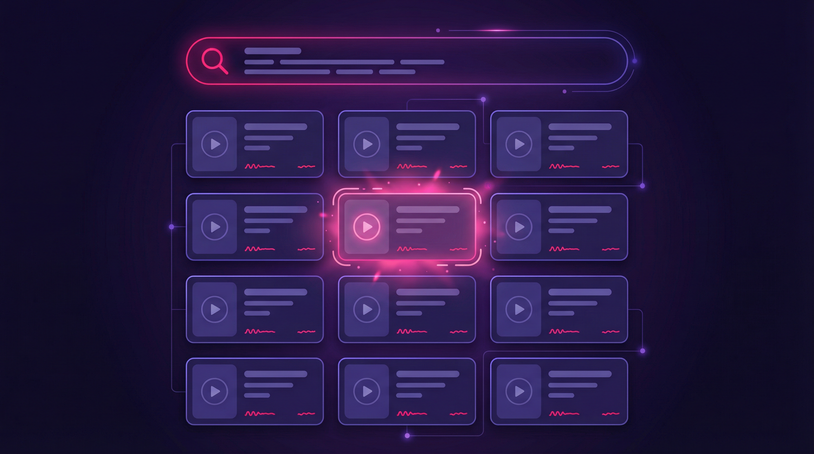 GREC過去ライブアーカイブインターフェース：上部に検索バー、下に録画済みライブ配信のビデオカードグリッド。検索可能な過去のインスタグラムライブ録画アーカイブを表示