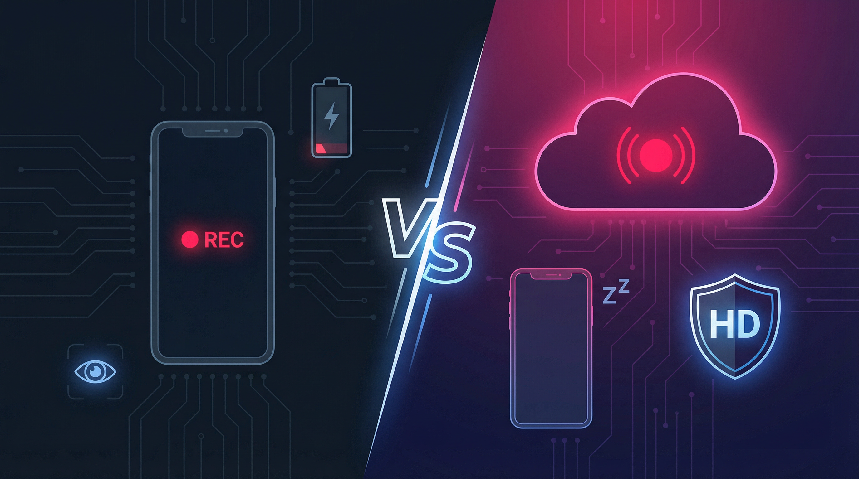 Visual comparison of screen recording versus GREC cloud recording: left side shows a phone actively screen recording with battery drain and visible viewer icon, right side shows GREC cloud recording with the phone asleep, HD badge, and cloud server recording independently