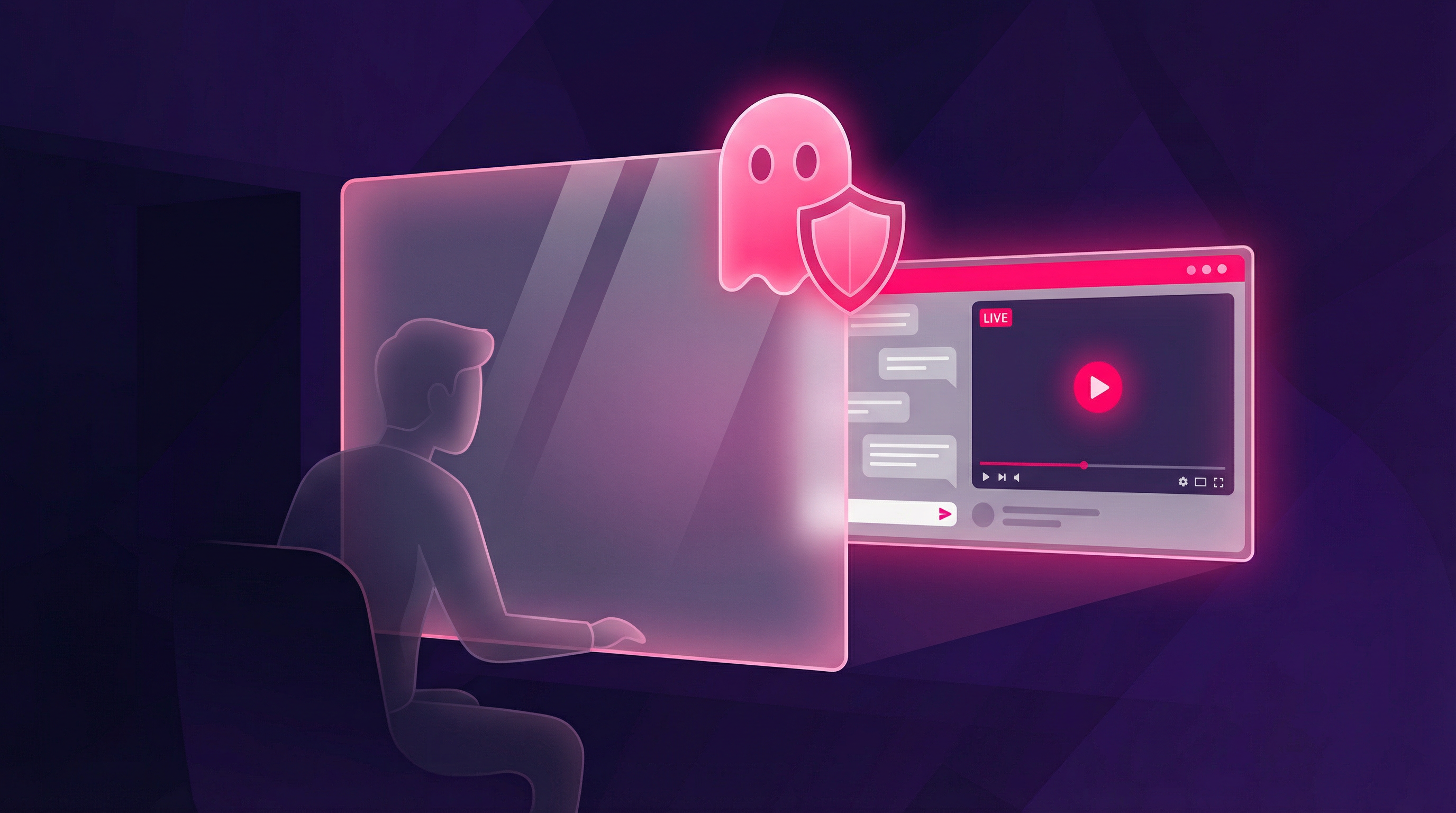 GRECステルスモードの図解：プライバシーシールドの向こうでライブ配信を視聴する人物。ゴーストとシールドのアイコンが検出不可能な視聴を表現