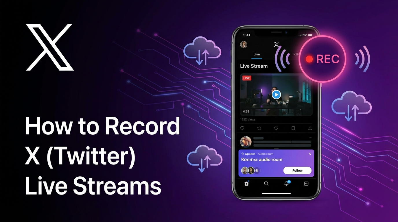 X(트위터) 라이브 방송과 REC 표시가 보이는 스마트폰. GREC 클라우드 녹화 등 녹화 방법을 나타냄